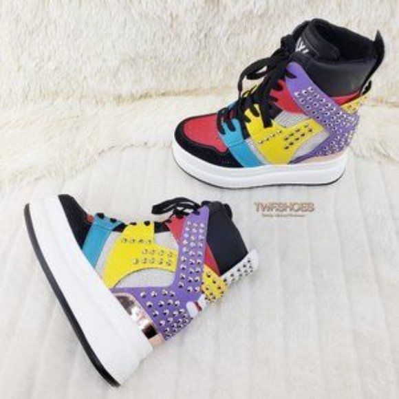 Quince Hidden Wedge Platform Punk Designer Sneakers Black Multi Rhinestones - Picture 1 of 7